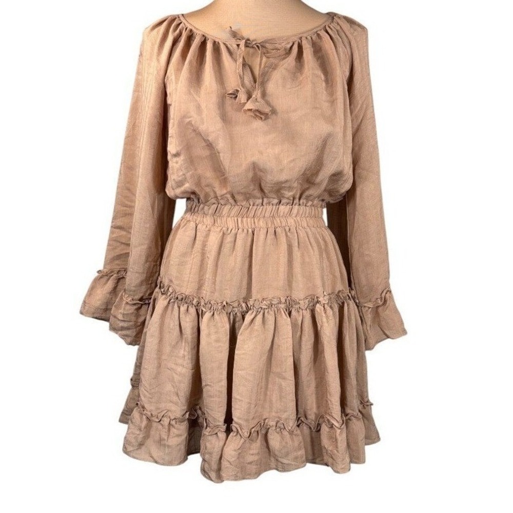 Mustard Seed Ruffle Trim Mini Dress Prairie Boho Long Sleeve Brown M NWT - Picture 2 of 10